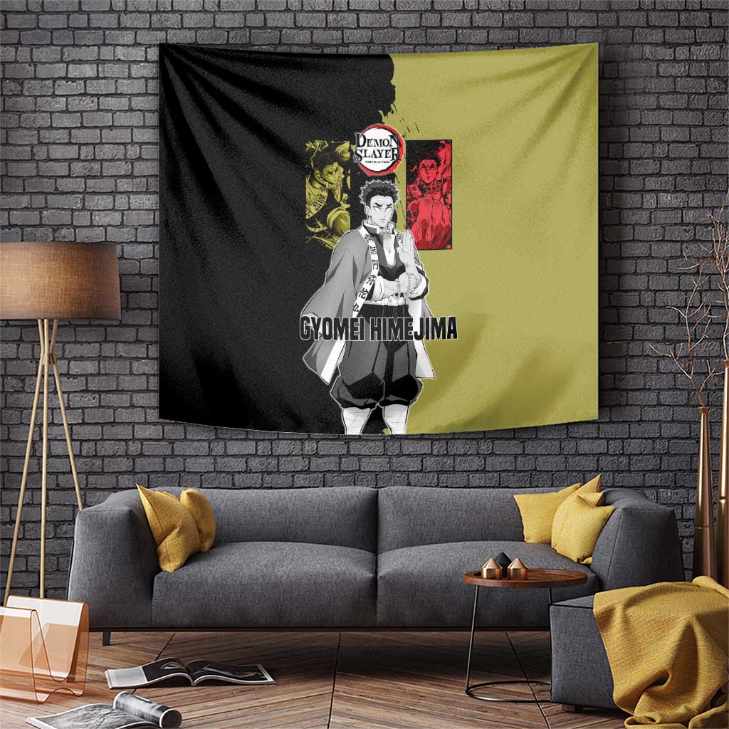 Gyomei Himejima from Demon Slayer Tapestry with Olive and Black Split Background and Prayer Pose Manga Style Design - The Mazicc