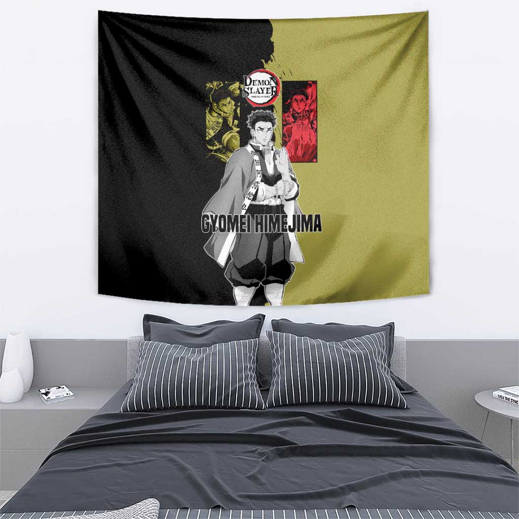 Gyomei Himejima from Demon Slayer Tapestry with Olive and Black Split Background and Prayer Pose Manga Style Design - The Mazicc