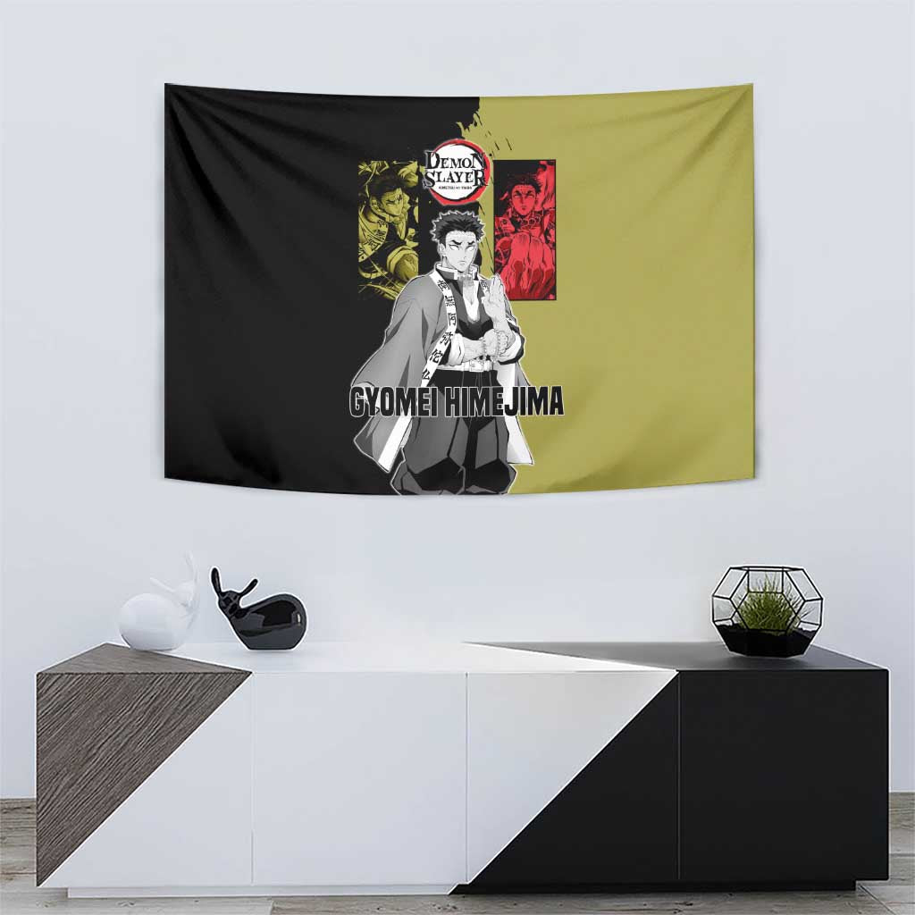 Gyomei Himejima from Demon Slayer Tapestry with Olive and Black Split Background and Prayer Pose Manga Style Design - The Mazicc