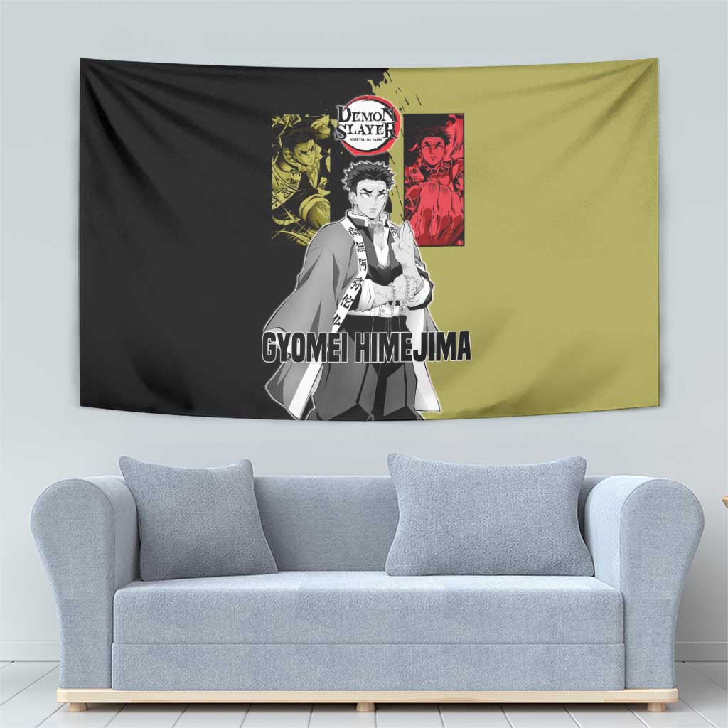 Gyomei Himejima from Demon Slayer Tapestry with Olive and Black Split Background and Prayer Pose Manga Style Design - The Mazicc