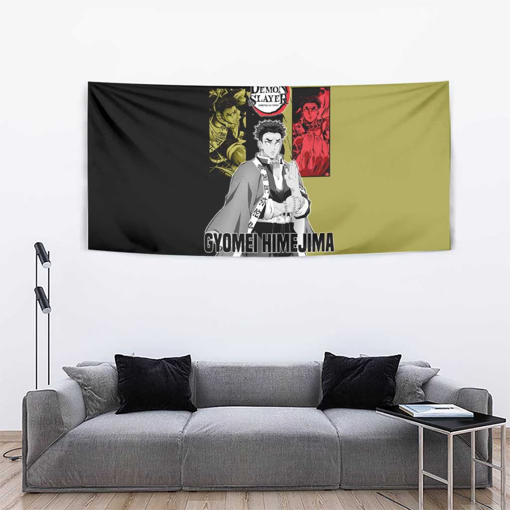 Gyomei Himejima from Demon Slayer Tapestry with Olive and Black Split Background and Prayer Pose Manga Style Design - The Mazicc