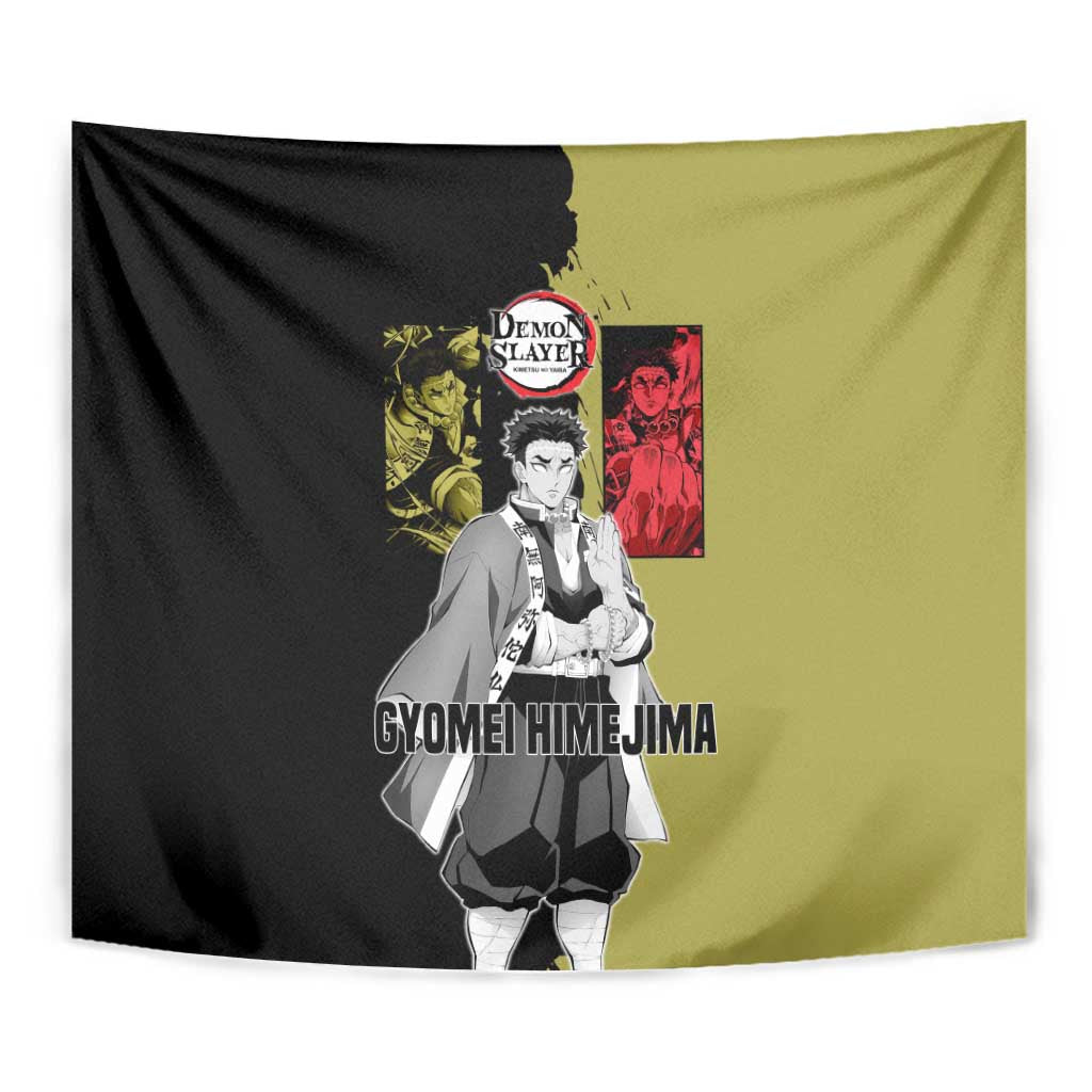Gyomei Himejima from Demon Slayer Tapestry with Olive and Black Split Background and Prayer Pose Manga Style Design - The Mazicc