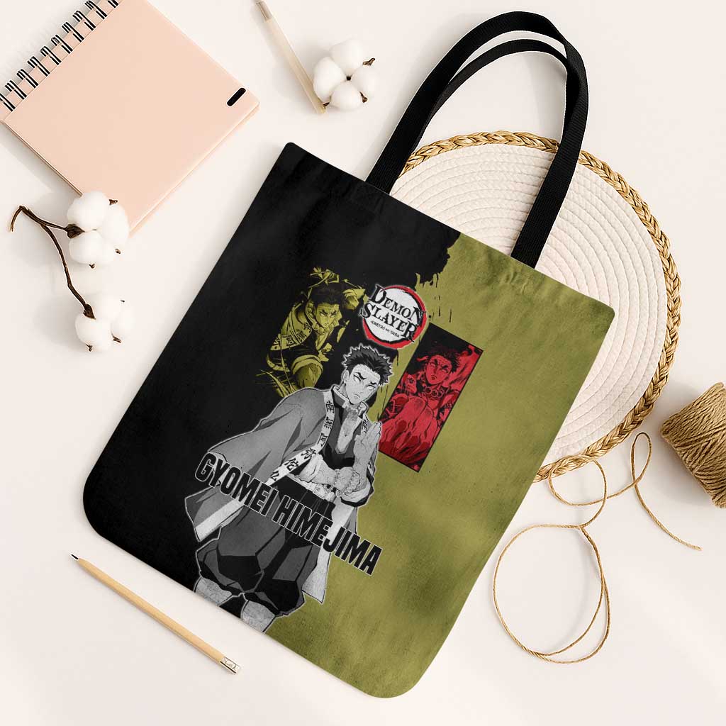 Gyomei Himejima from Demon Slayer Tote Bag with Olive and Black Split Background and Prayer Pose Manga Style Design - The Mazicc