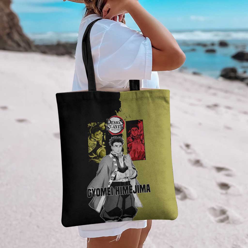 Gyomei Himejima from Demon Slayer Tote Bag with Olive and Black Split Background and Prayer Pose Manga Style Design - The Mazicc