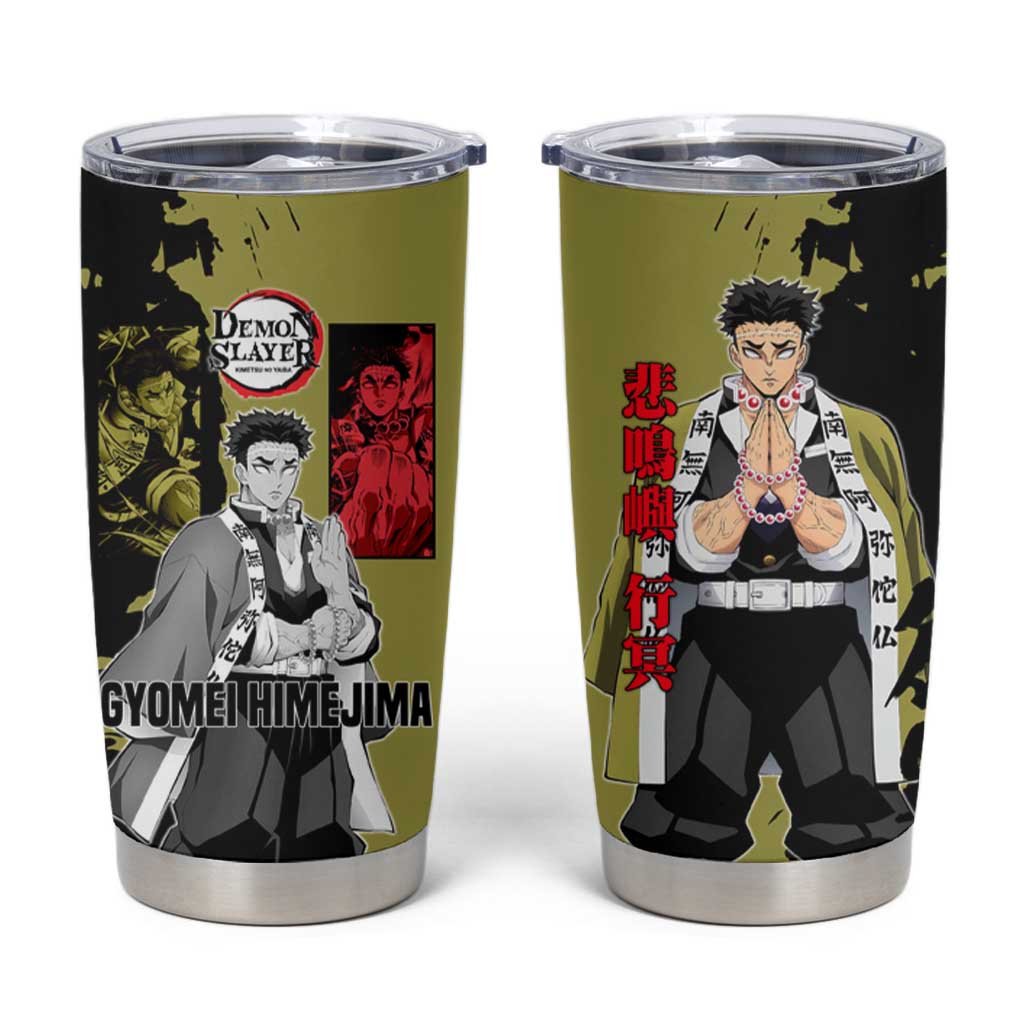 Gyomei Himejima from Demon Slayer Tumbler Cup with Olive and Black Split Background and Prayer Pose Manga Style Design - The Mazicc