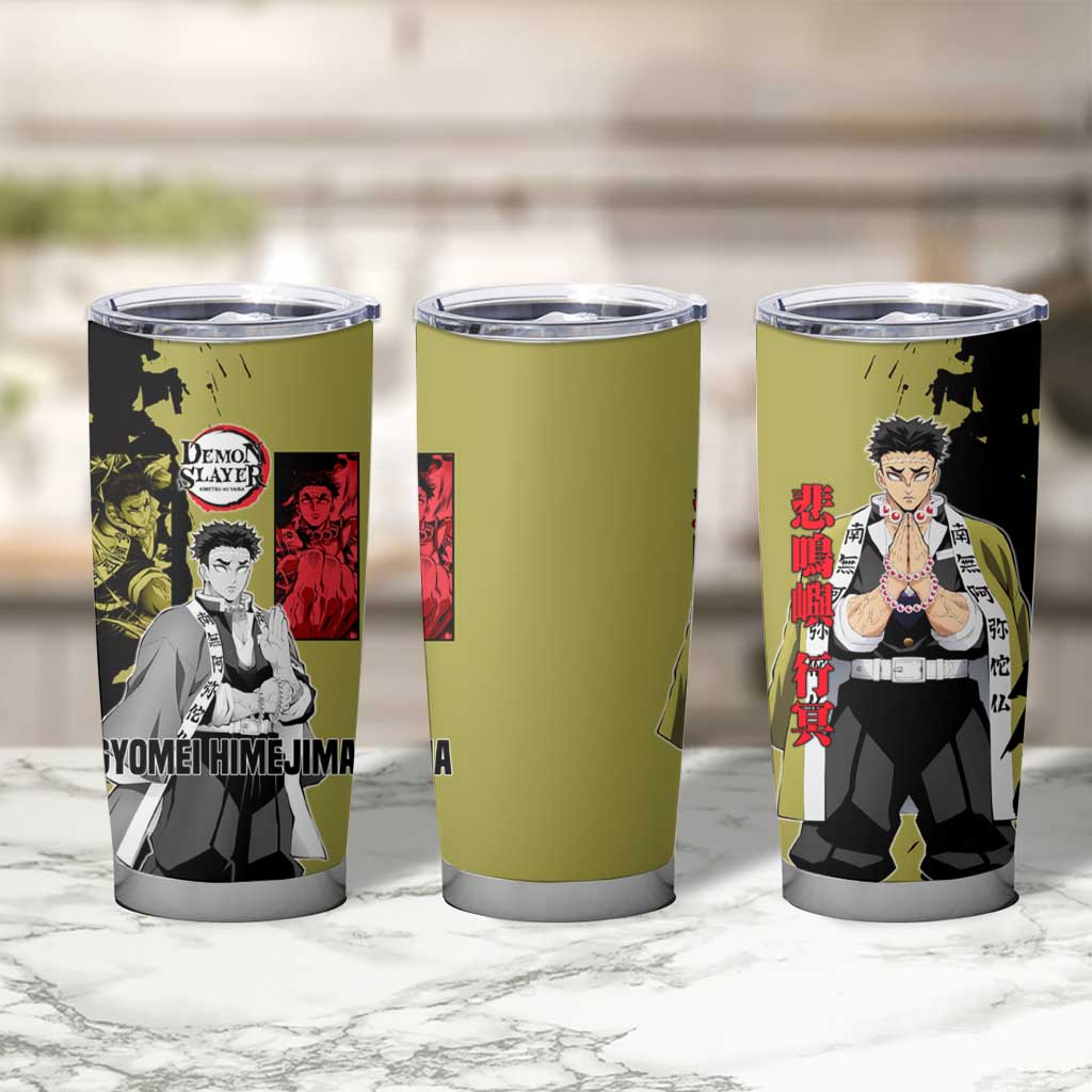 Gyomei Himejima from Demon Slayer Tumbler Cup with Olive and Black Split Background and Prayer Pose Manga Style Design - The Mazicc