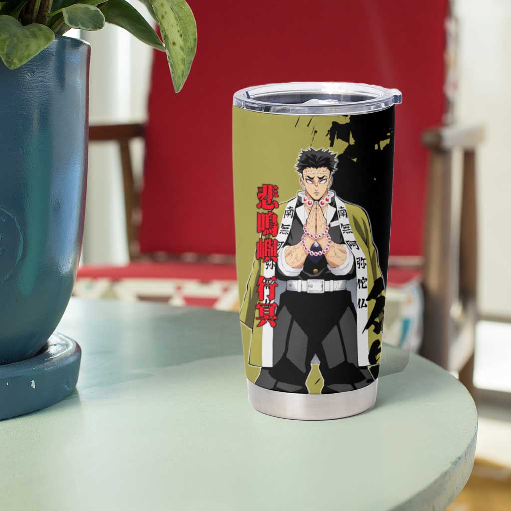 Gyomei Himejima from Demon Slayer Tumbler Cup with Olive and Black Split Background and Prayer Pose Manga Style Design - The Mazicc