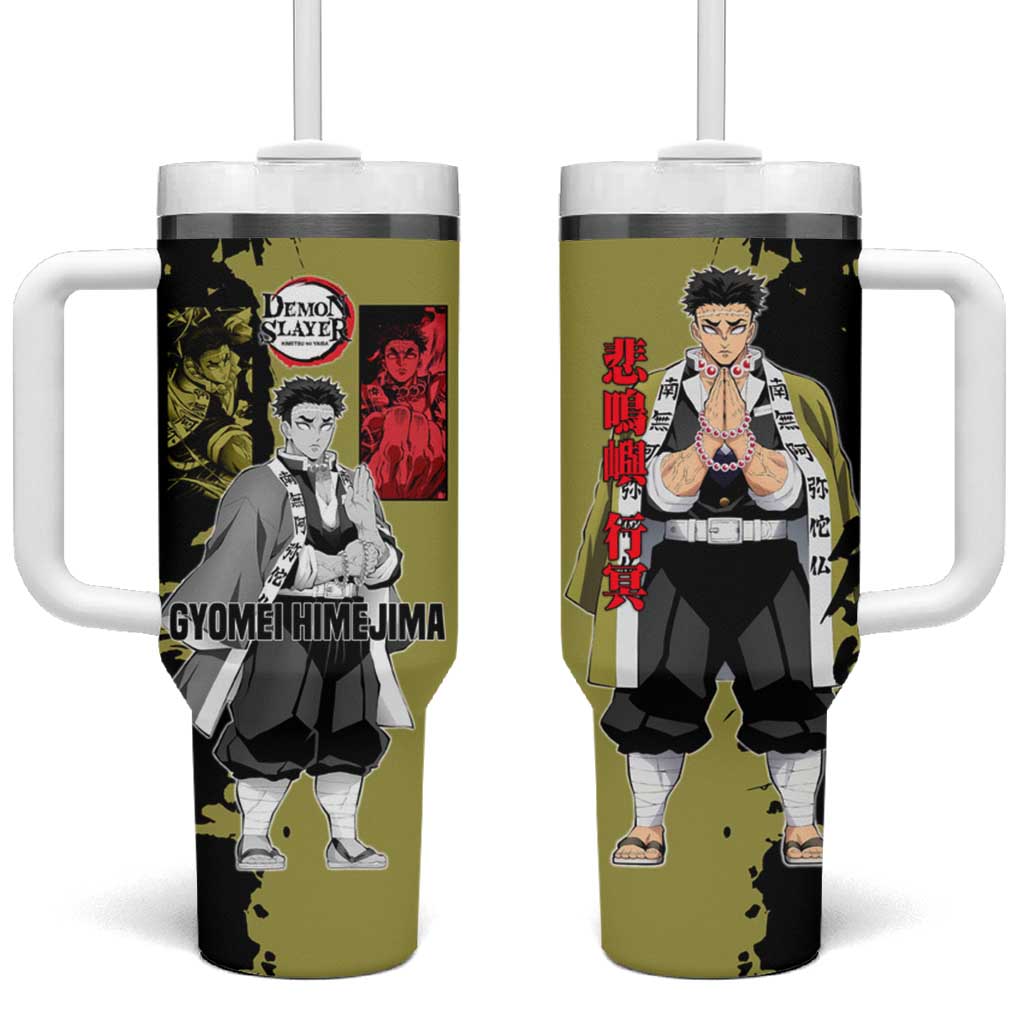 Gyomei Himejima from Demon Slayer Tumbler With Handle with Olive and Black Split Background and Prayer Pose Manga Style Design - The Mazicc