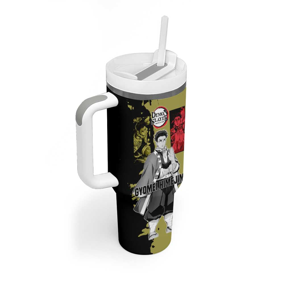 Gyomei Himejima from Demon Slayer Tumbler With Handle with Olive and Black Split Background and Prayer Pose Manga Style Design - The Mazicc