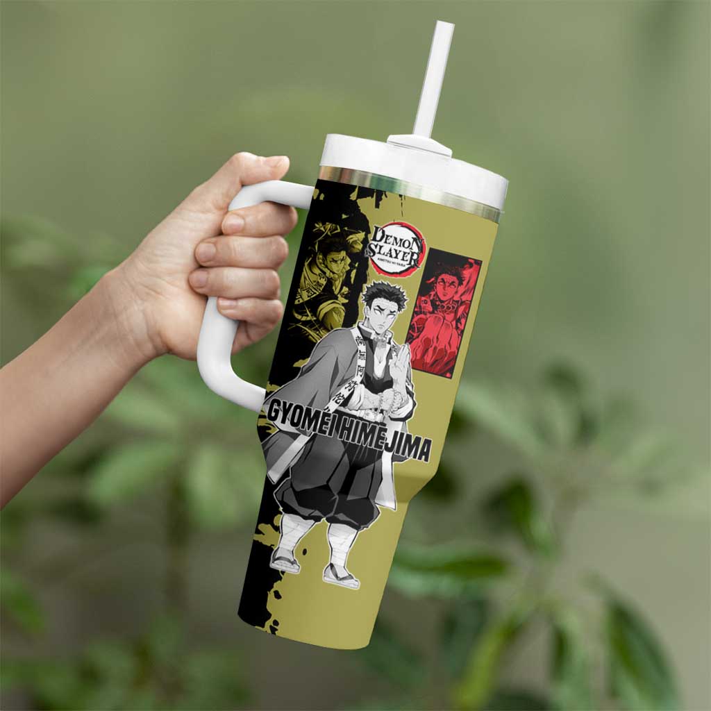 Gyomei Himejima from Demon Slayer Tumbler With Handle with Olive and Black Split Background and Prayer Pose Manga Style Design - The Mazicc
