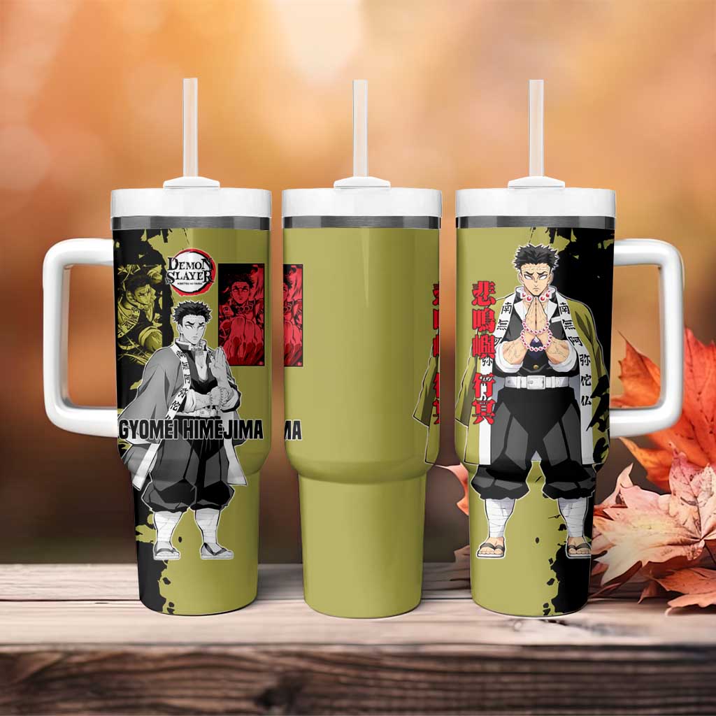 Gyomei Himejima from Demon Slayer Tumbler With Handle with Olive and Black Split Background and Prayer Pose Manga Style Design - The Mazicc