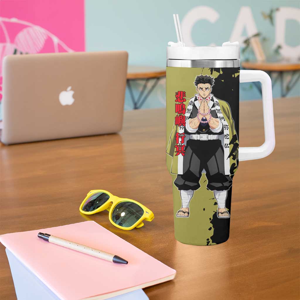 Gyomei Himejima from Demon Slayer Tumbler With Handle with Olive and Black Split Background and Prayer Pose Manga Style Design - The Mazicc