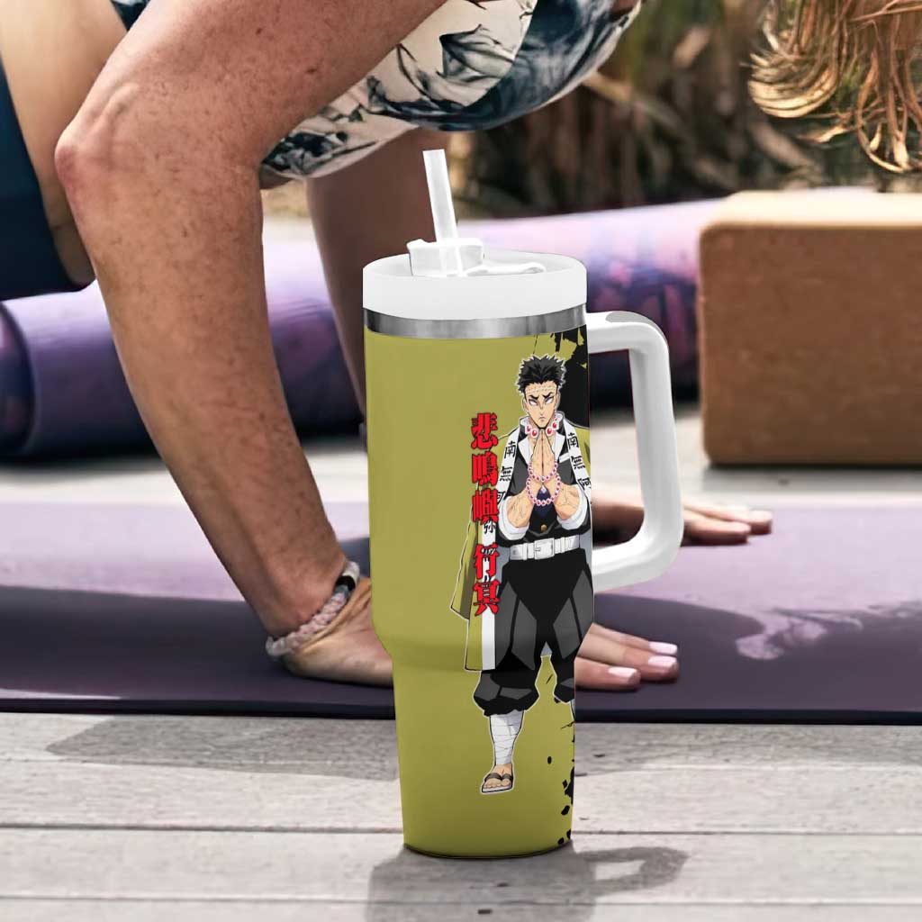 Gyomei Himejima from Demon Slayer Tumbler With Handle with Olive and Black Split Background and Prayer Pose Manga Style Design - The Mazicc