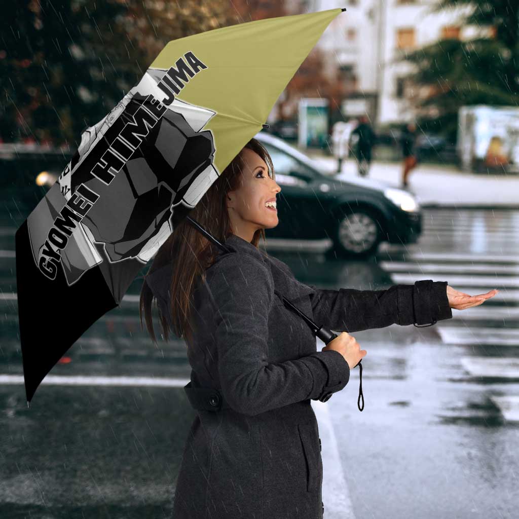 Gyomei Himejima from Demon Slayer Umbrella with Olive and Black Split Background and Prayer Pose Manga Style Design - The Mazicc