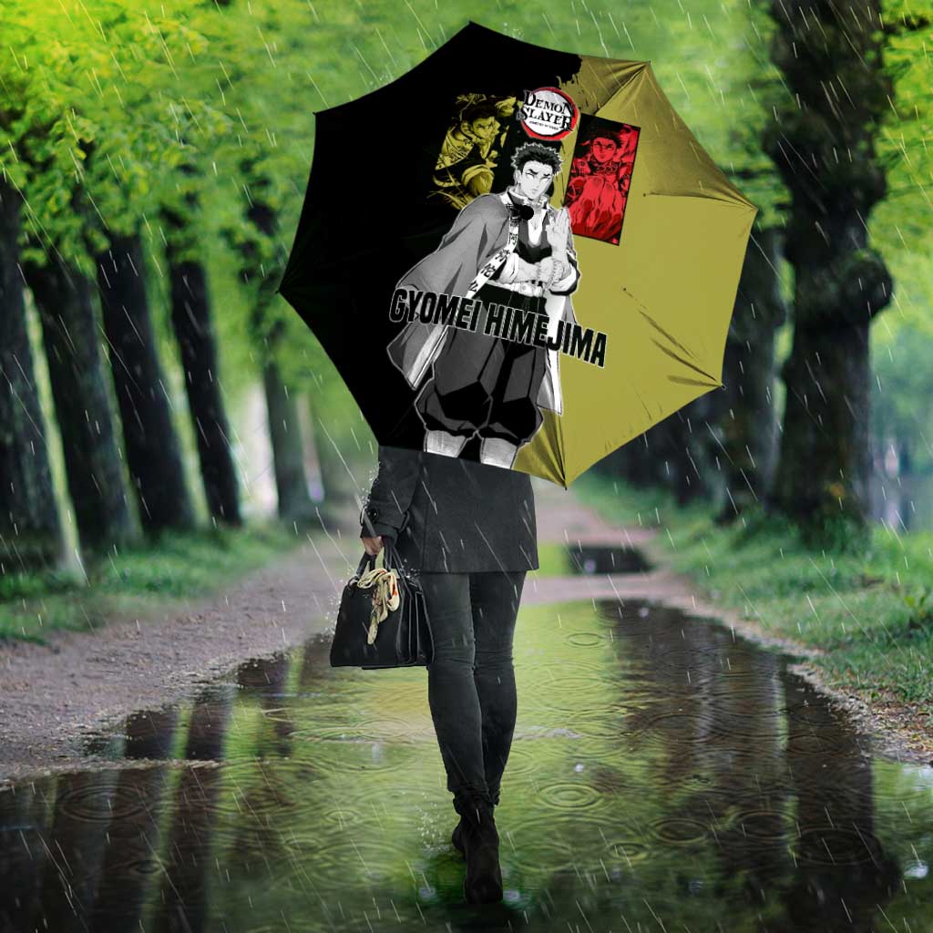 Gyomei Himejima from Demon Slayer Umbrella with Olive and Black Split Background and Prayer Pose Manga Style Design - The Mazicc
