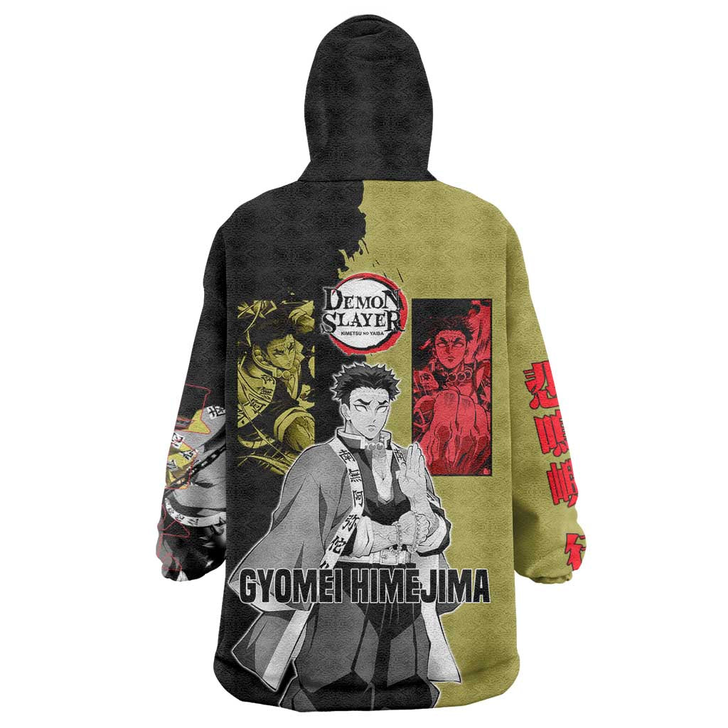 Gyomei Himejima from Demon Slayer Wearable Blanket Hoodie with Olive and Black Split Background and Prayer Pose Manga Style Design - The Mazicc