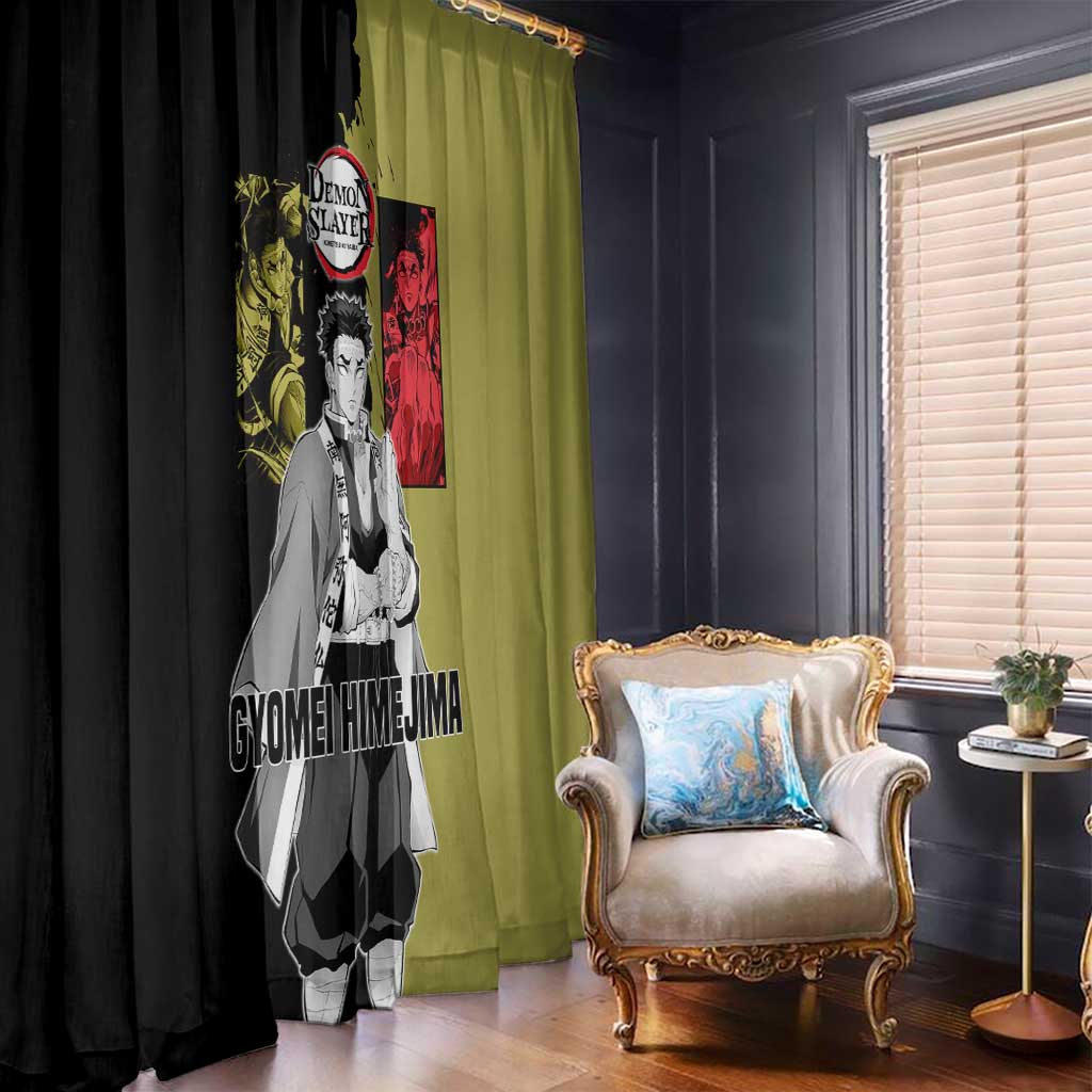 Gyomei Himejima from Demon Slayer Window Curtain with Olive and Black Split Background and Prayer Pose Manga Style Design - The Mazicc