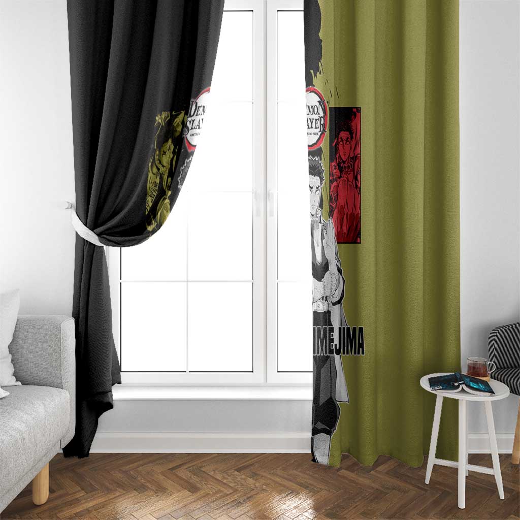 Gyomei Himejima from Demon Slayer Window Curtain with Olive and Black Split Background and Prayer Pose Manga Style Design - The Mazicc