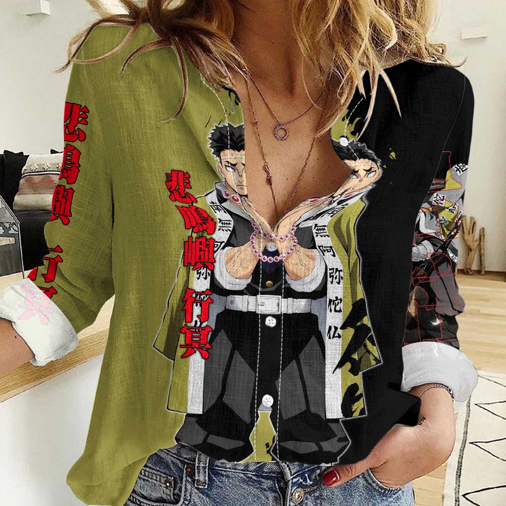 Gyomei Himejima from Demon Slayer Women Casual Shirt with Olive and Black Split Background and Prayer Pose Manga Style Design - The Mazicc