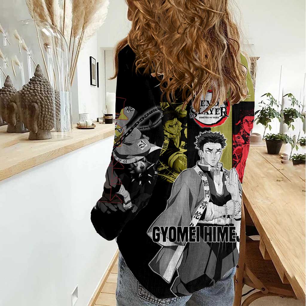 Gyomei Himejima from Demon Slayer Women Casual Shirt with Olive and Black Split Background and Prayer Pose Manga Style Design - The Mazicc