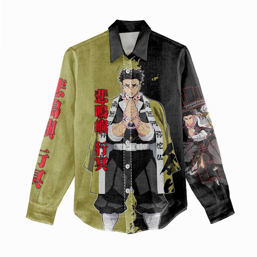 Gyomei Himejima from Demon Slayer Women Casual Shirt with Olive and Black Split Background and Prayer Pose Manga Style Design - The Mazicc