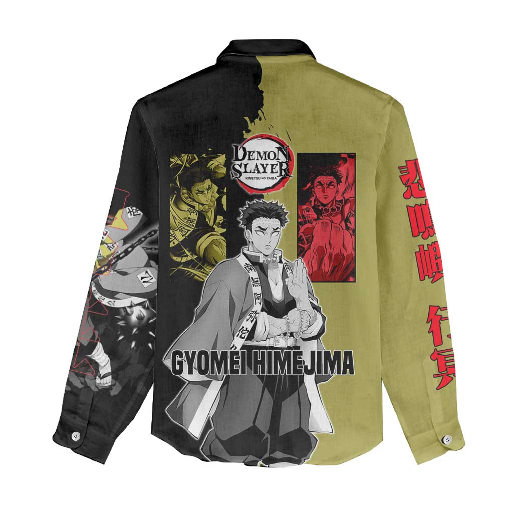 Gyomei Himejima from Demon Slayer Women Casual Shirt with Olive and Black Split Background and Prayer Pose Manga Style Design - The Mazicc