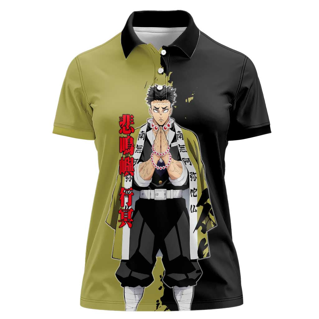Gyomei Himejima from Demon Slayer Women Polo Shirt with Olive and Black Split Background and Prayer Pose Manga Style Design - The Mazicc