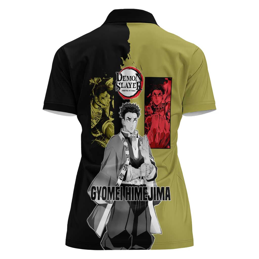 Gyomei Himejima from Demon Slayer Women Polo Shirt with Olive and Black Split Background and Prayer Pose Manga Style Design - The Mazicc