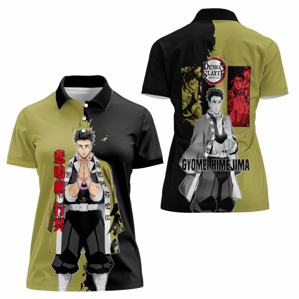 Gyomei Himejima from Demon Slayer Women Polo Shirt with Olive and Black Split Background and Prayer Pose Manga Style Design - The Mazicc