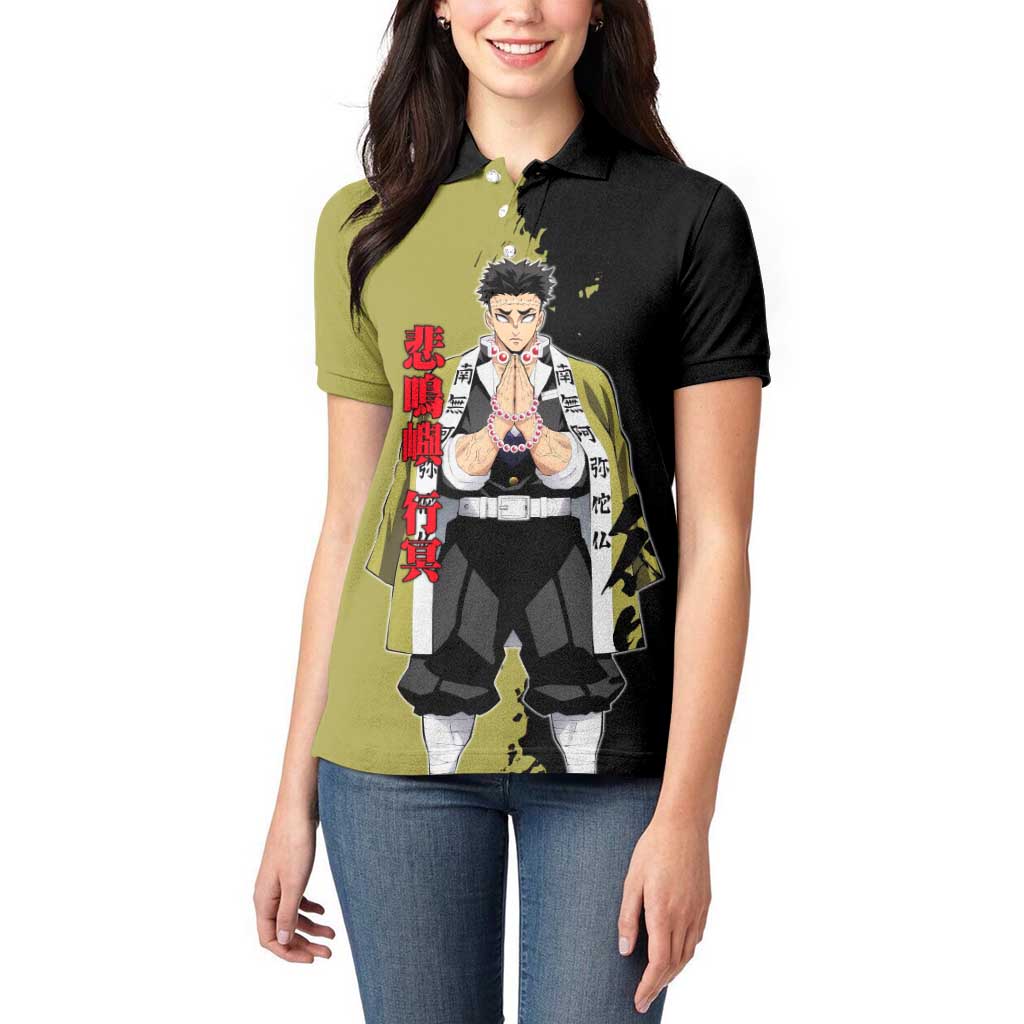 Gyomei Himejima from Demon Slayer Women Polo Shirt with Olive and Black Split Background and Prayer Pose Manga Style Design - The Mazicc