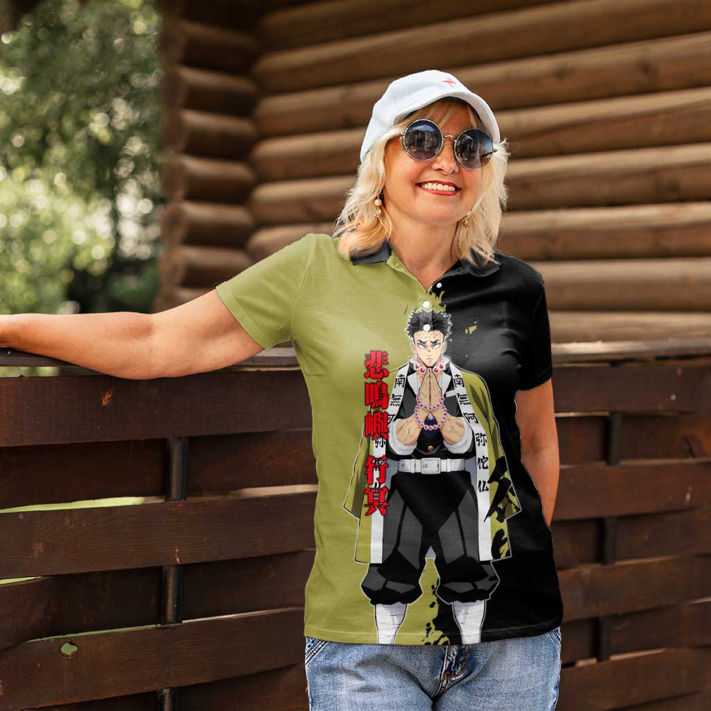 Gyomei Himejima from Demon Slayer Women Polo Shirt with Olive and Black Split Background and Prayer Pose Manga Style Design - The Mazicc