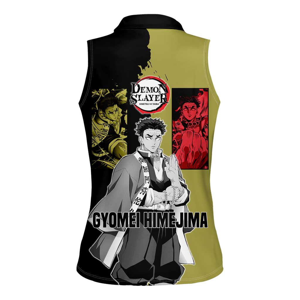 Gyomei Himejima from Demon Slayer Women Sleeveless Polo Shirt with Olive and Black Split Background and Prayer Pose Manga Style Design - The Mazicc