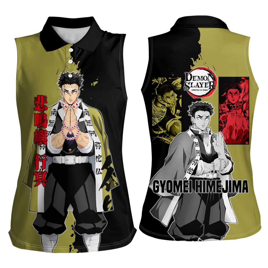 Gyomei Himejima from Demon Slayer Women Sleeveless Polo Shirt with Olive and Black Split Background and Prayer Pose Manga Style Design - The Mazicc