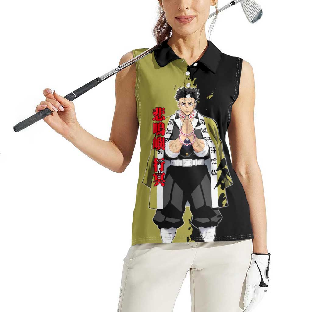 Gyomei Himejima from Demon Slayer Women Sleeveless Polo Shirt with Olive and Black Split Background and Prayer Pose Manga Style Design - The Mazicc