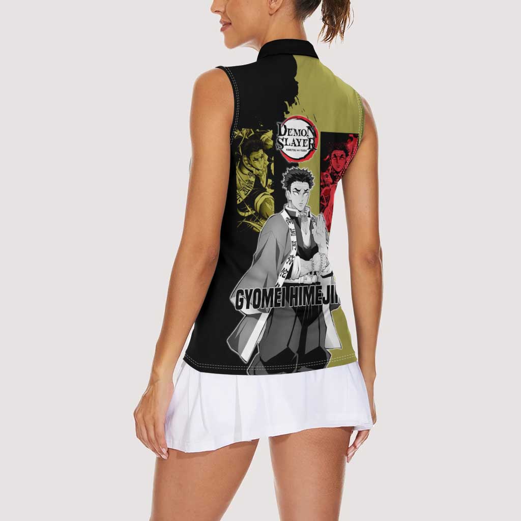 Gyomei Himejima from Demon Slayer Women Sleeveless Polo Shirt with Olive and Black Split Background and Prayer Pose Manga Style Design - The Mazicc