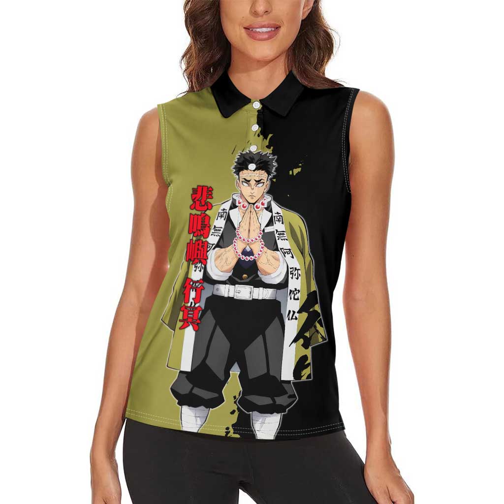 Gyomei Himejima from Demon Slayer Women Sleeveless Polo Shirt with Olive and Black Split Background and Prayer Pose Manga Style Design - The Mazicc