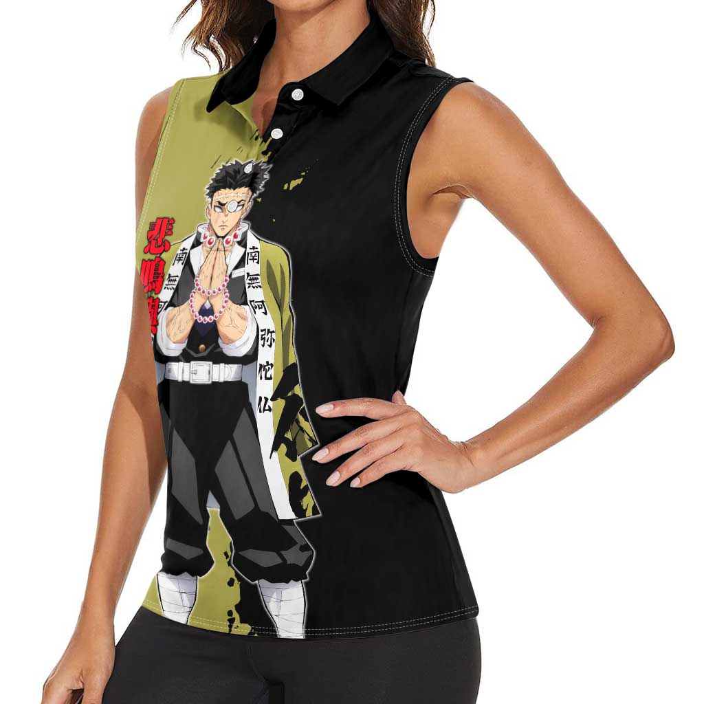 Gyomei Himejima from Demon Slayer Women Sleeveless Polo Shirt with Olive and Black Split Background and Prayer Pose Manga Style Design - The Mazicc