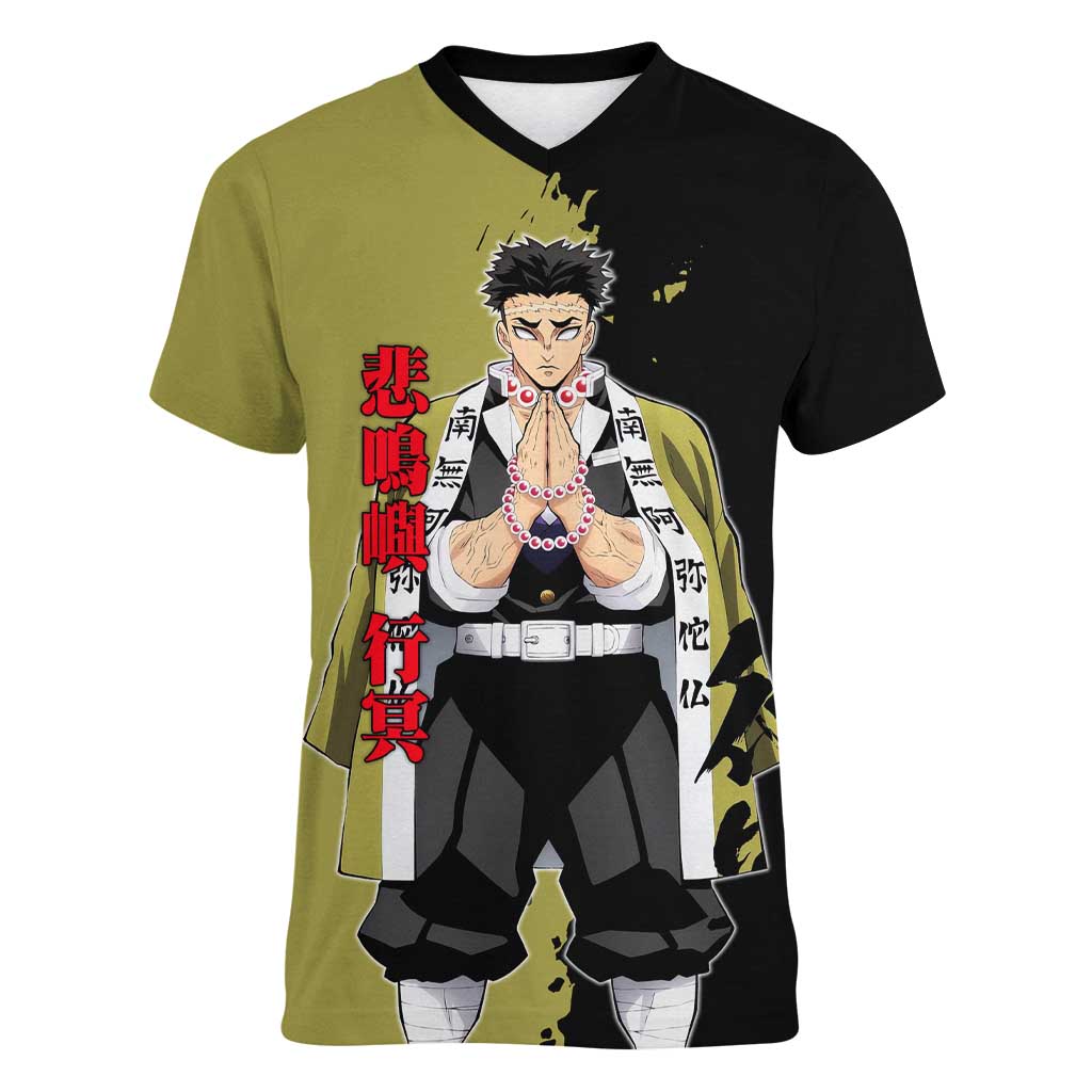 Gyomei Himejima from Demon Slayer Women V-Neck T-Shirt with Olive and Black Split Background and Prayer Pose Manga Style Design - The Mazicc
