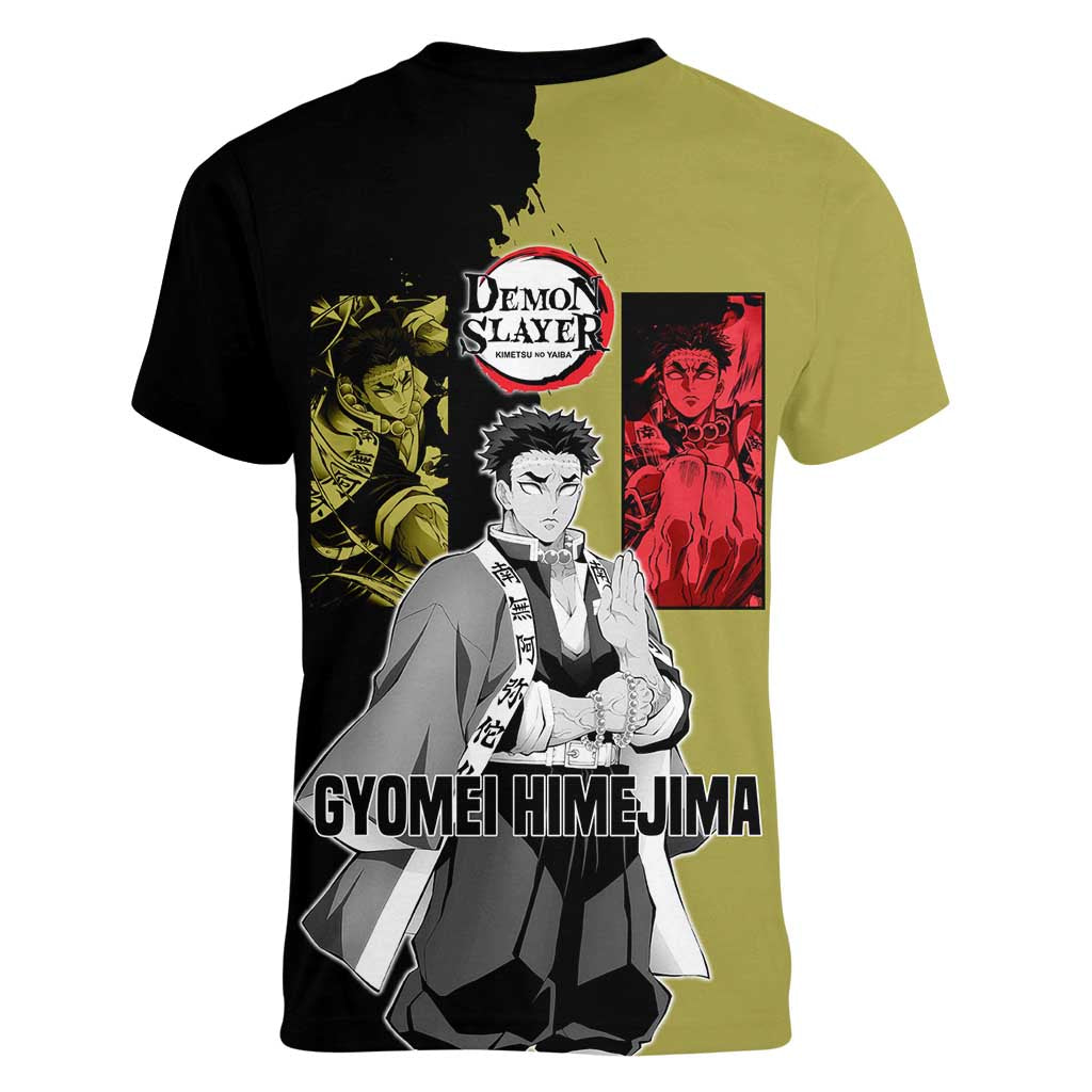 Gyomei Himejima from Demon Slayer Women V-Neck T-Shirt with Olive and Black Split Background and Prayer Pose Manga Style Design - The Mazicc