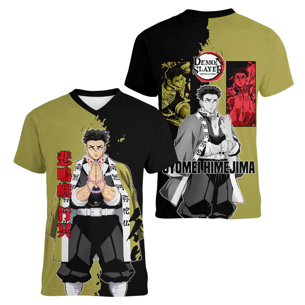 Gyomei Himejima from Demon Slayer Women V-Neck T-Shirt with Olive and Black Split Background and Prayer Pose Manga Style Design - The Mazicc