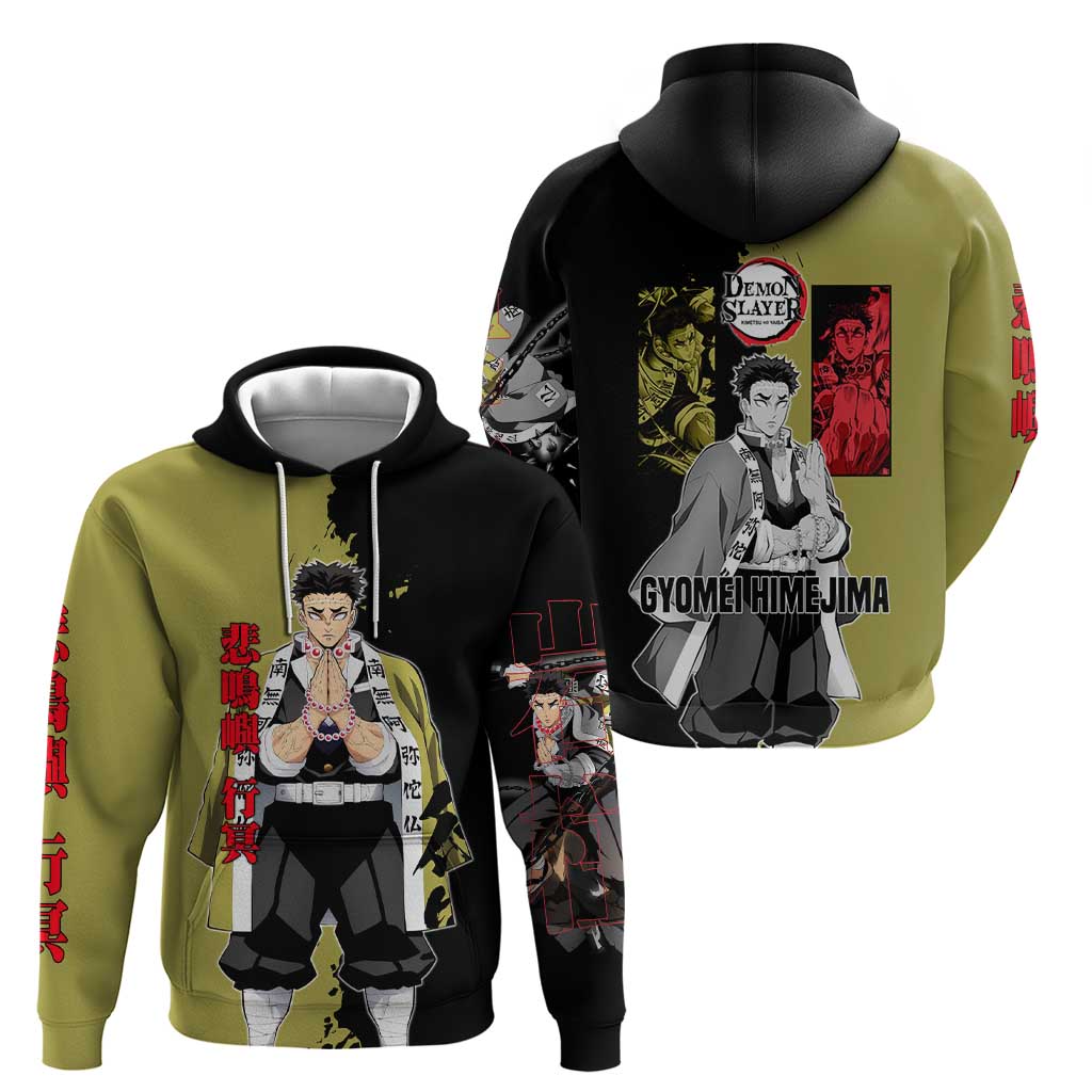 Gyomei Himejima from Demon Slayer Zip Hoodie with Olive and Black Split Background and Prayer Pose Manga Style Design - The Mazicc