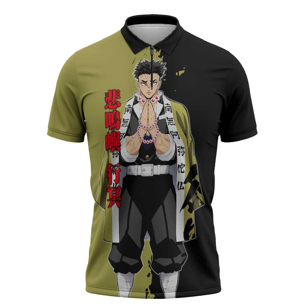 Gyomei Himejima from Demon Slayer Zipper Polo Shirt with Olive and Black Split Background and Prayer Pose Manga Style Design - The Mazicc