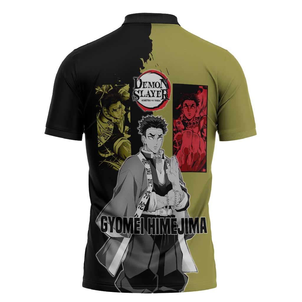 Gyomei Himejima from Demon Slayer Zipper Polo Shirt with Olive and Black Split Background and Prayer Pose Manga Style Design - The Mazicc