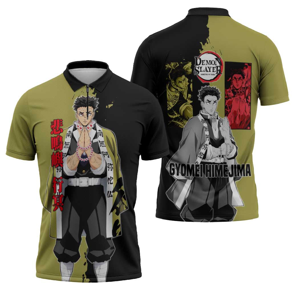 Gyomei Himejima from Demon Slayer Zipper Polo Shirt with Olive and Black Split Background and Prayer Pose Manga Style Design - The Mazicc