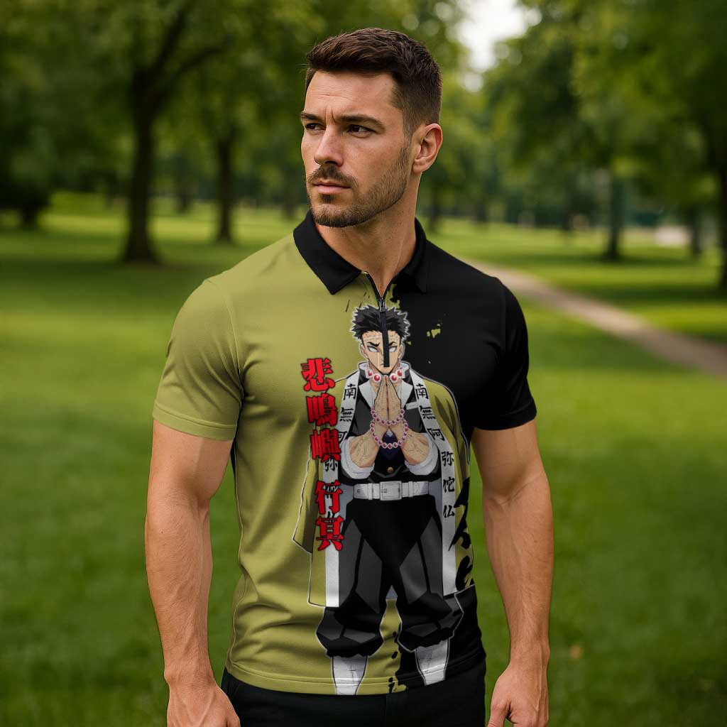Gyomei Himejima from Demon Slayer Zipper Polo Shirt with Olive and Black Split Background and Prayer Pose Manga Style Design - The Mazicc