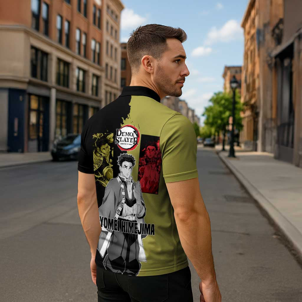 Gyomei Himejima from Demon Slayer Zipper Polo Shirt with Olive and Black Split Background and Prayer Pose Manga Style Design - The Mazicc
