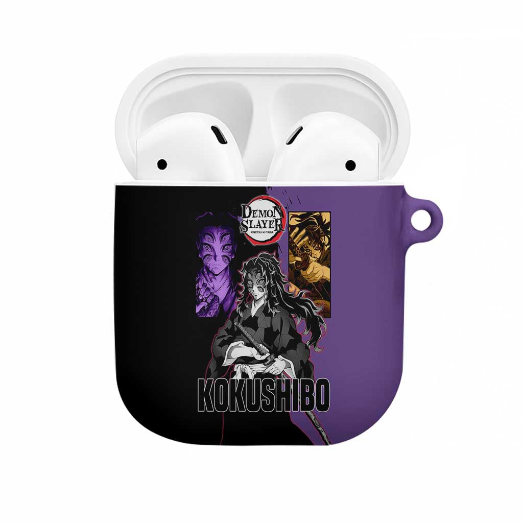 Kokushibo from Demon Slayer AirPods Case with Purple and Black Split Background and Sword Draw Manga Style Design - The Mazicc