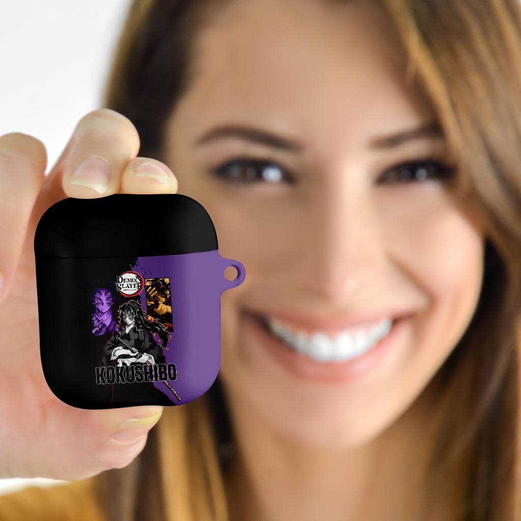 Kokushibo from Demon Slayer AirPods Case with Purple and Black Split Background and Sword Draw Manga Style Design - The Mazicc