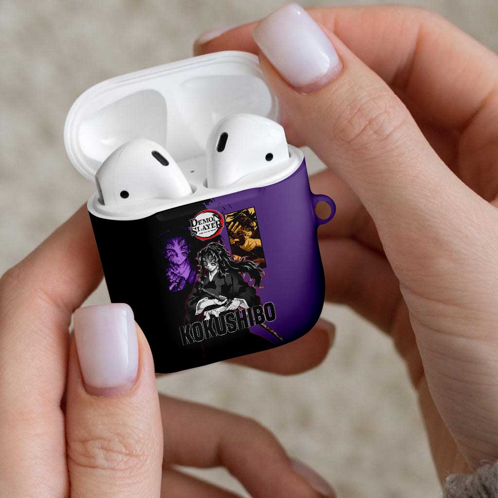 Kokushibo from Demon Slayer AirPods Case with Purple and Black Split Background and Sword Draw Manga Style Design - The Mazicc