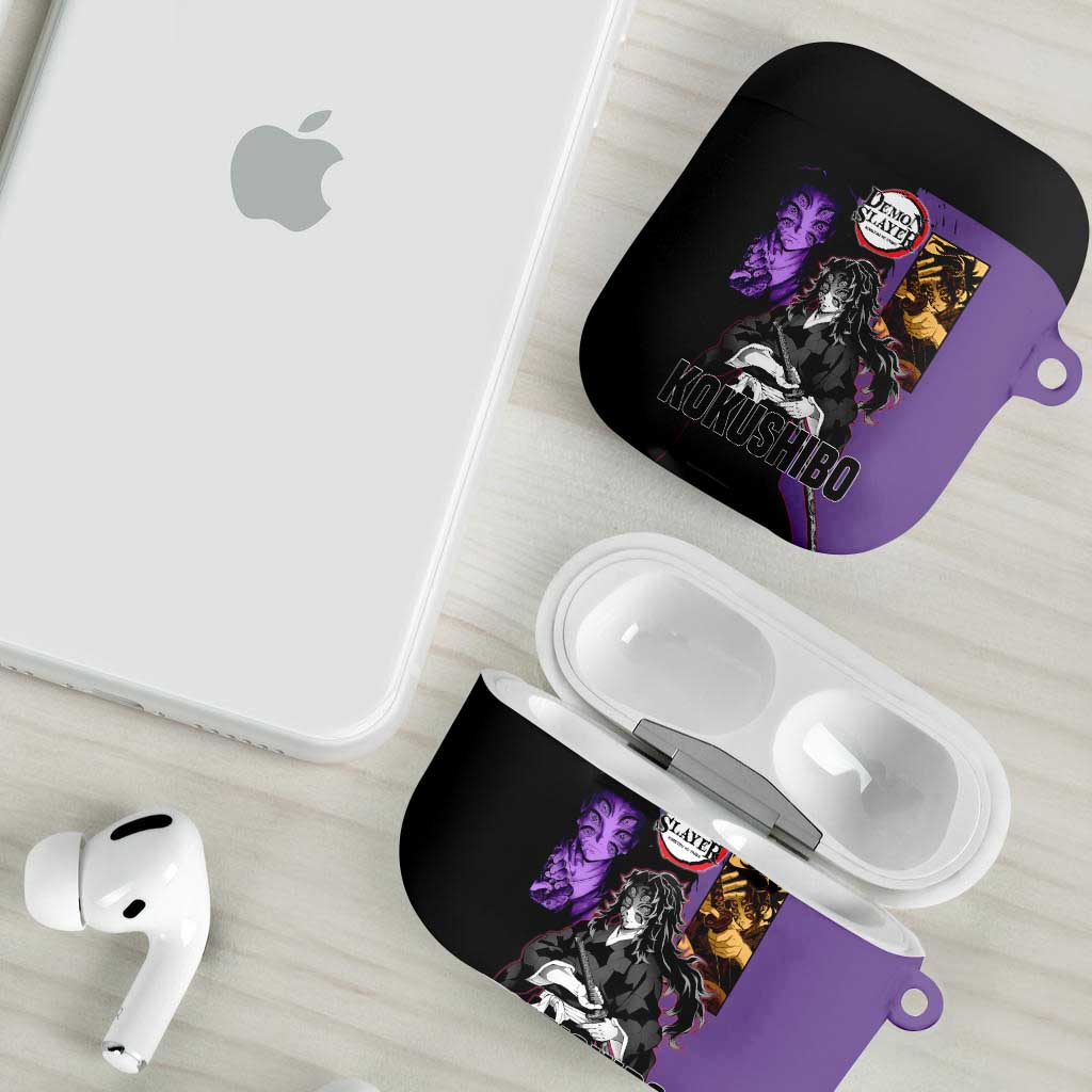 Kokushibo from Demon Slayer AirPods Case with Purple and Black Split Background and Sword Draw Manga Style Design - The Mazicc